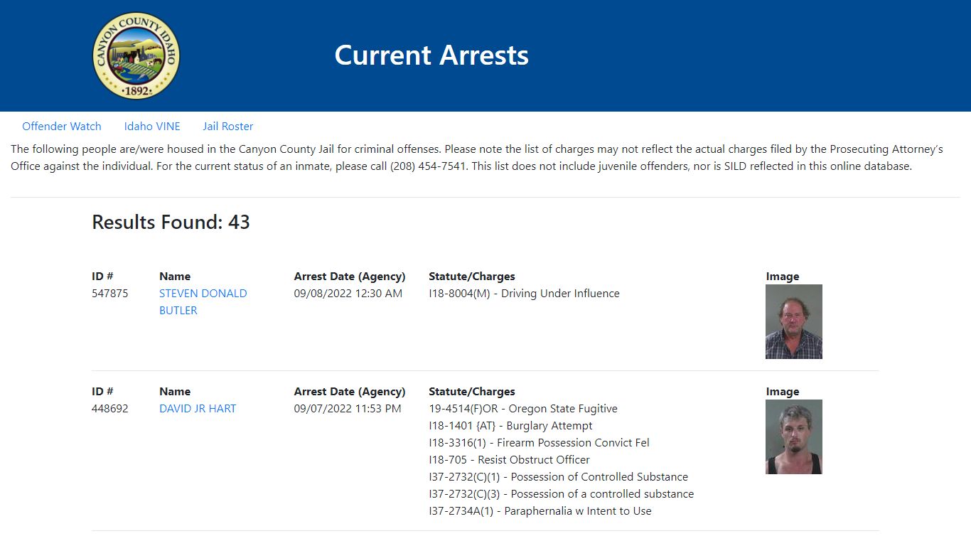 Current Arrests - Canyon County, Idaho